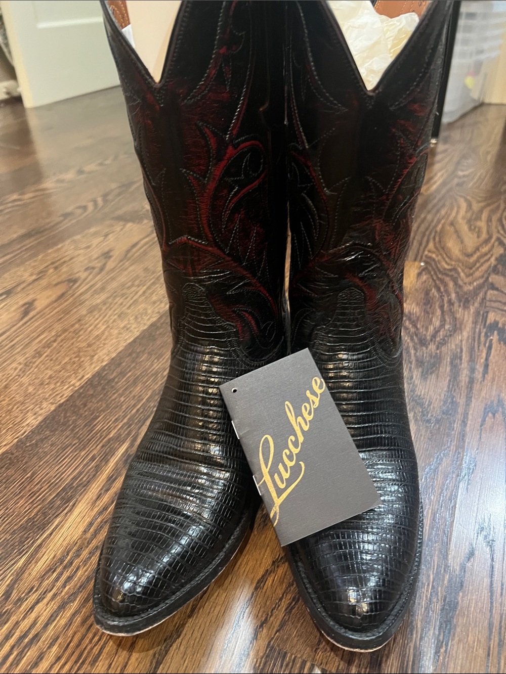 Lucchese Black Western Boots with Red Embroidery